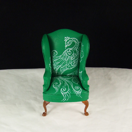 OOAK HandPaint Peacock Green Leather Wingback Chair in 1" scale